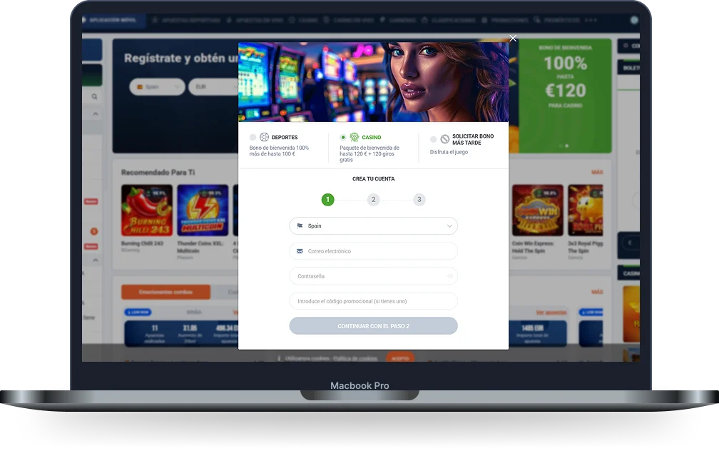 20Bet Casino con formulario de registro y opciones de bonos de bienvenida para deportes y casino
