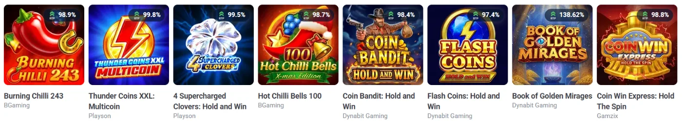 20Bet Casino con selección de tragamonedas como Burning Chilli 243, Thunder Coins XXL, Flash Coins y Book of Golden Mirages