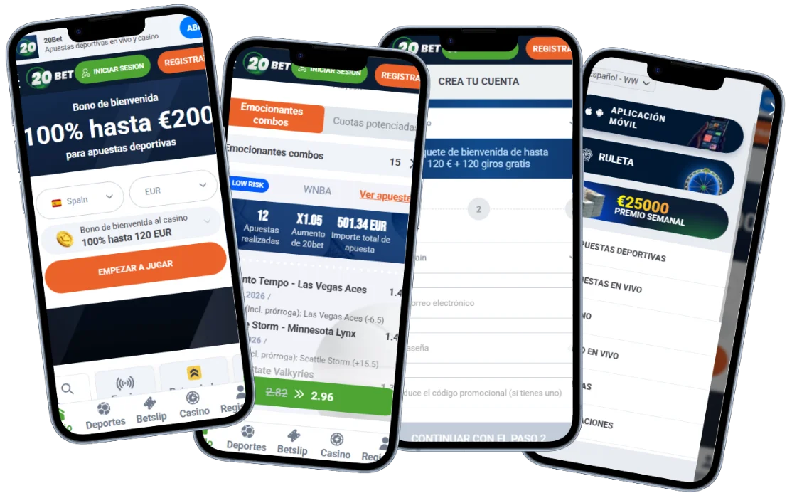 20Bet Casino en dispositivos móviles con apuestas deportivas, casino y formulario de registro